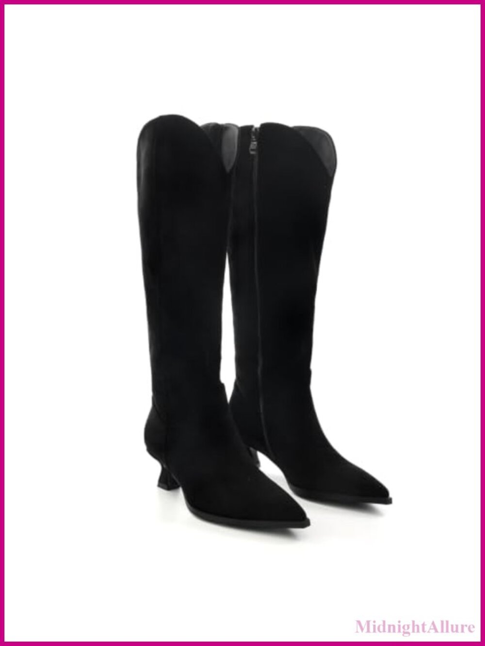 Women's Knee High Kitten Heel Pointed Toe Zip Boots Faux Suede Wide Calf
